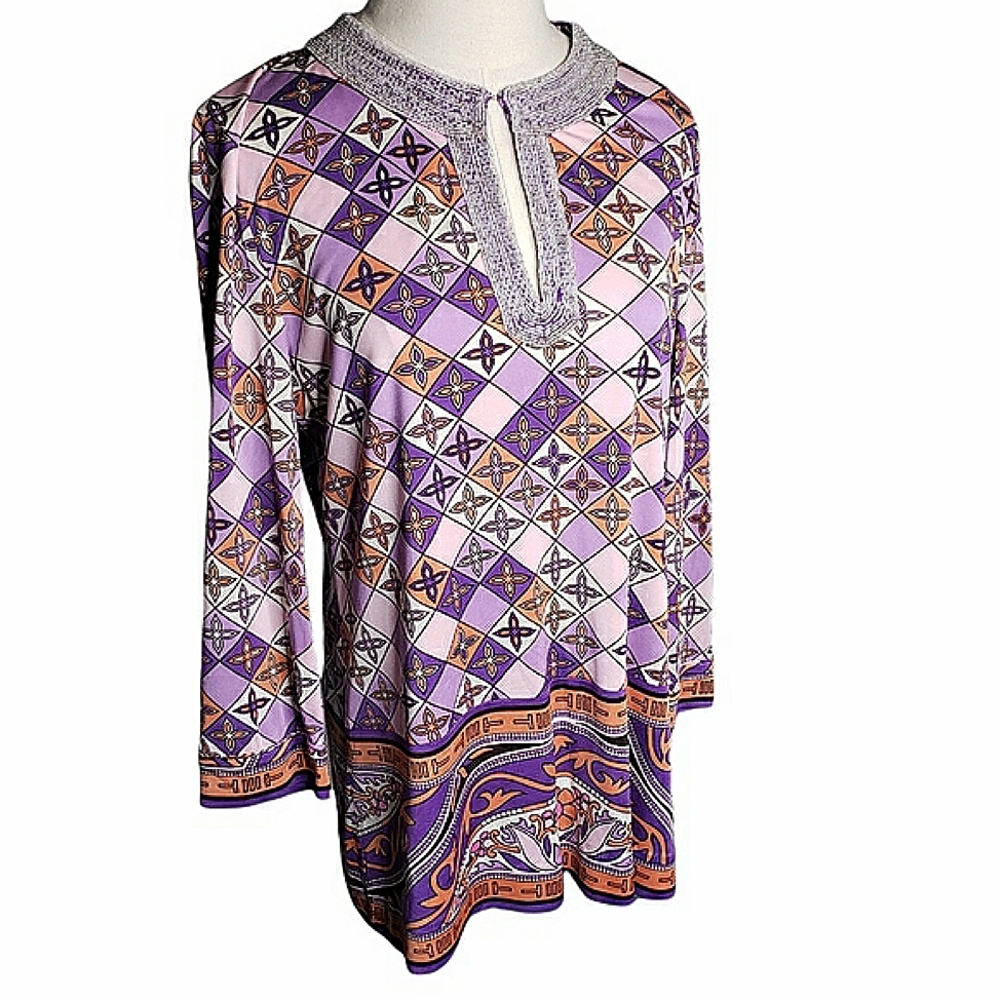 Tory Burch Silk Jersey Knit Tunic Beaded Neckline Preppy Morrocan Resort Cruise